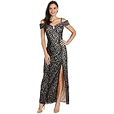R&M Richards Women's Off Shoulder Glitter Lace Maxi Dress | Elegant Side Slit Evening Gown | Wedding Guest Cocktail Attire