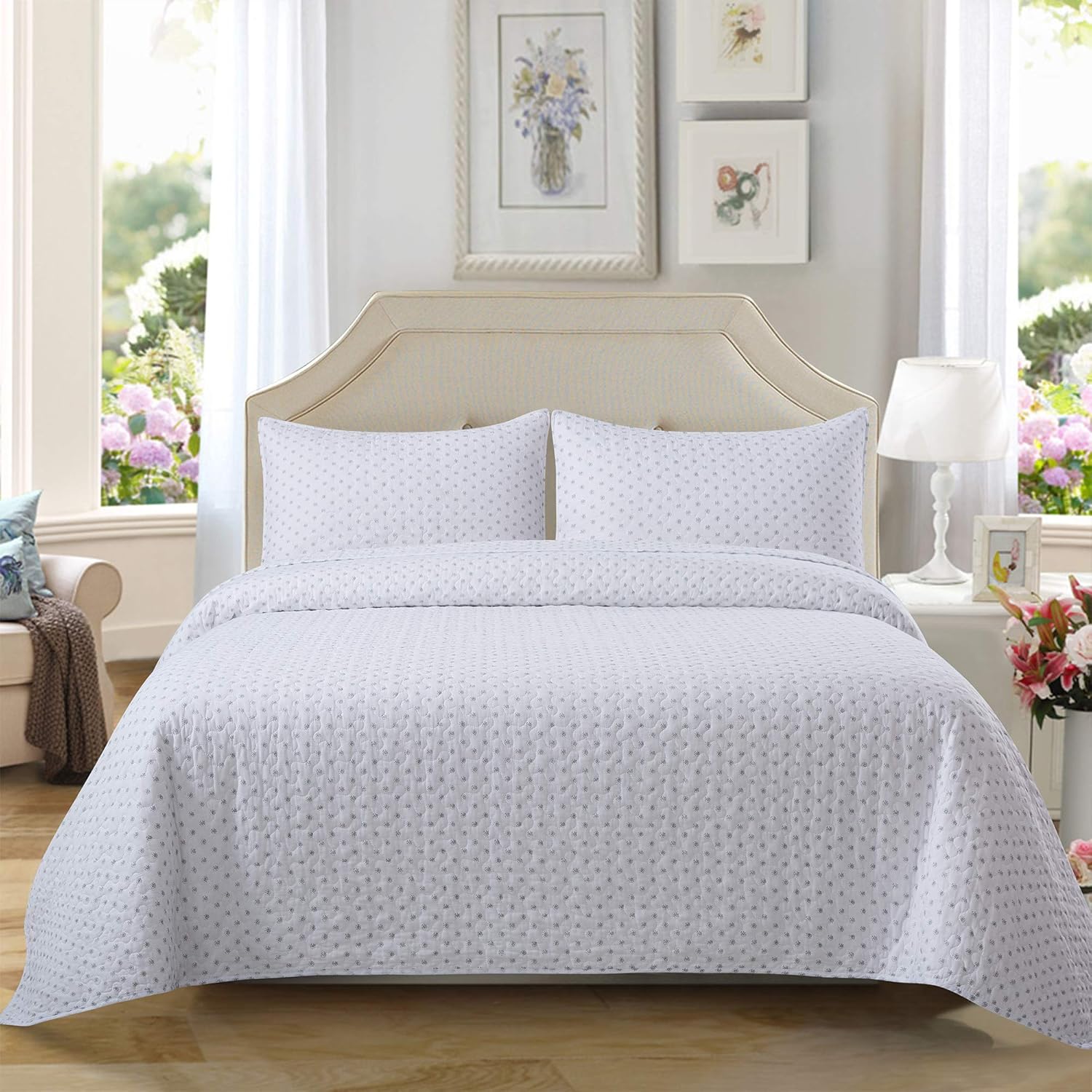 Soul & Lane On The Dot 100% Cotton Polka Dot 3-Piece Quilt Set - King with 2 Shams | Solid Modern Quilted Bedspread
