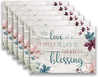 Blissful Living Set of 6 Placemats, Washable - Decorate Your Kitchen Table with Our Beautiful Rectangle pad placemat (Love of Family)