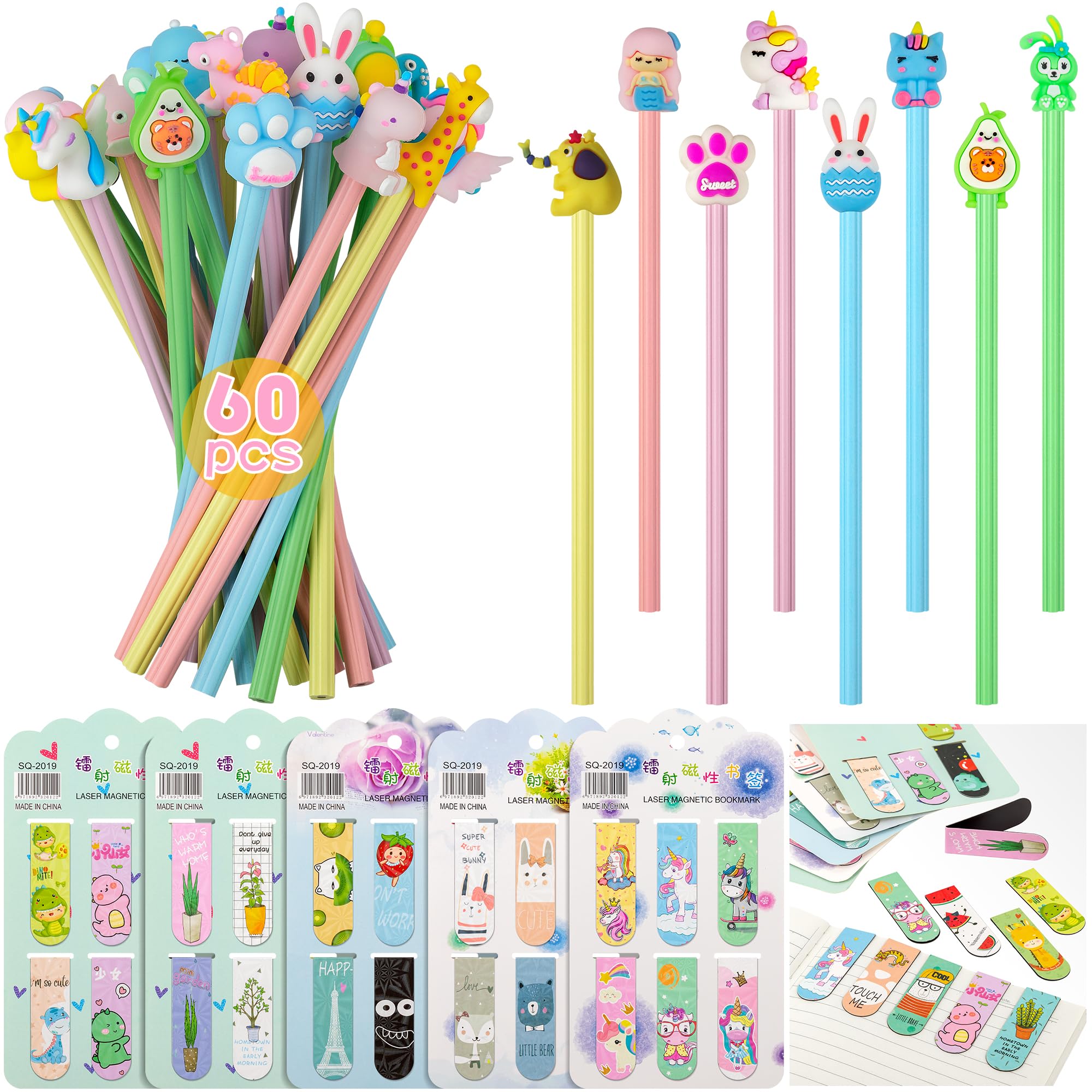 Funky Stationery 30 Pencils and 30 Magnetic Bookmarks, 60 Pack Funky Pencils Magnetic Set, Party Bag Fillers, Class Gifts And Kids Party Favours