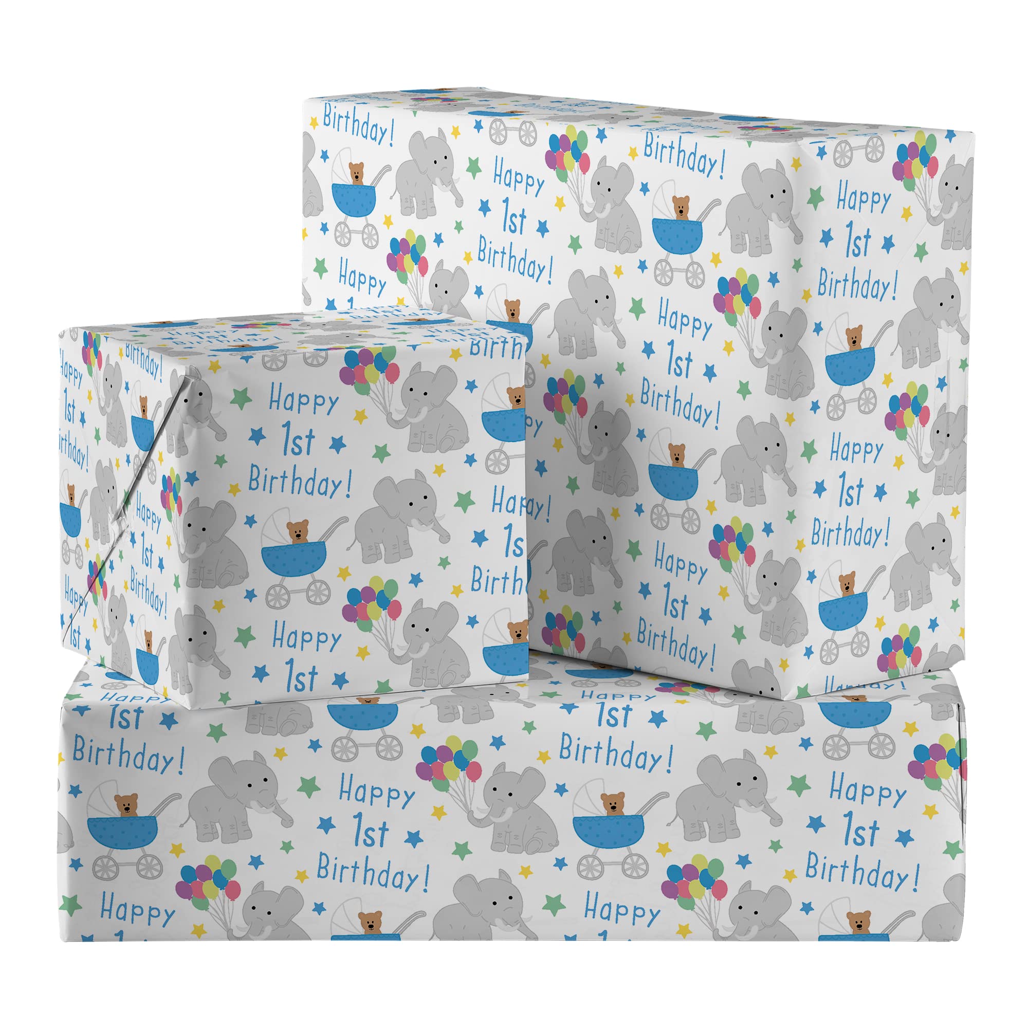 Hunts England - 2 Sheets Of Baby Boy 1st Birthday Luxury Wrapping Paper - Includes 2 Gift Tags - Age 1 Male Folded Gift Wrap For Boy - Iconic Collection - Age One Blue Gift Wrap With Cute Elephants