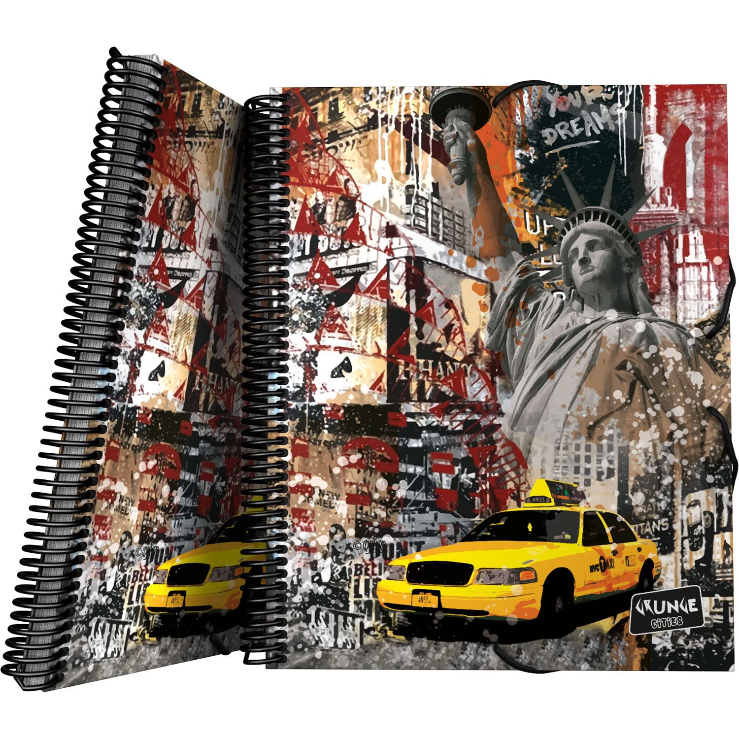 Grafoplás 39822446 Grunge Cities New York Collection A4 Spiral Folder, Polypropylene Cover, Elastic Closure, 30 Transparent Pockets, Includes Fabric Closure Envelope