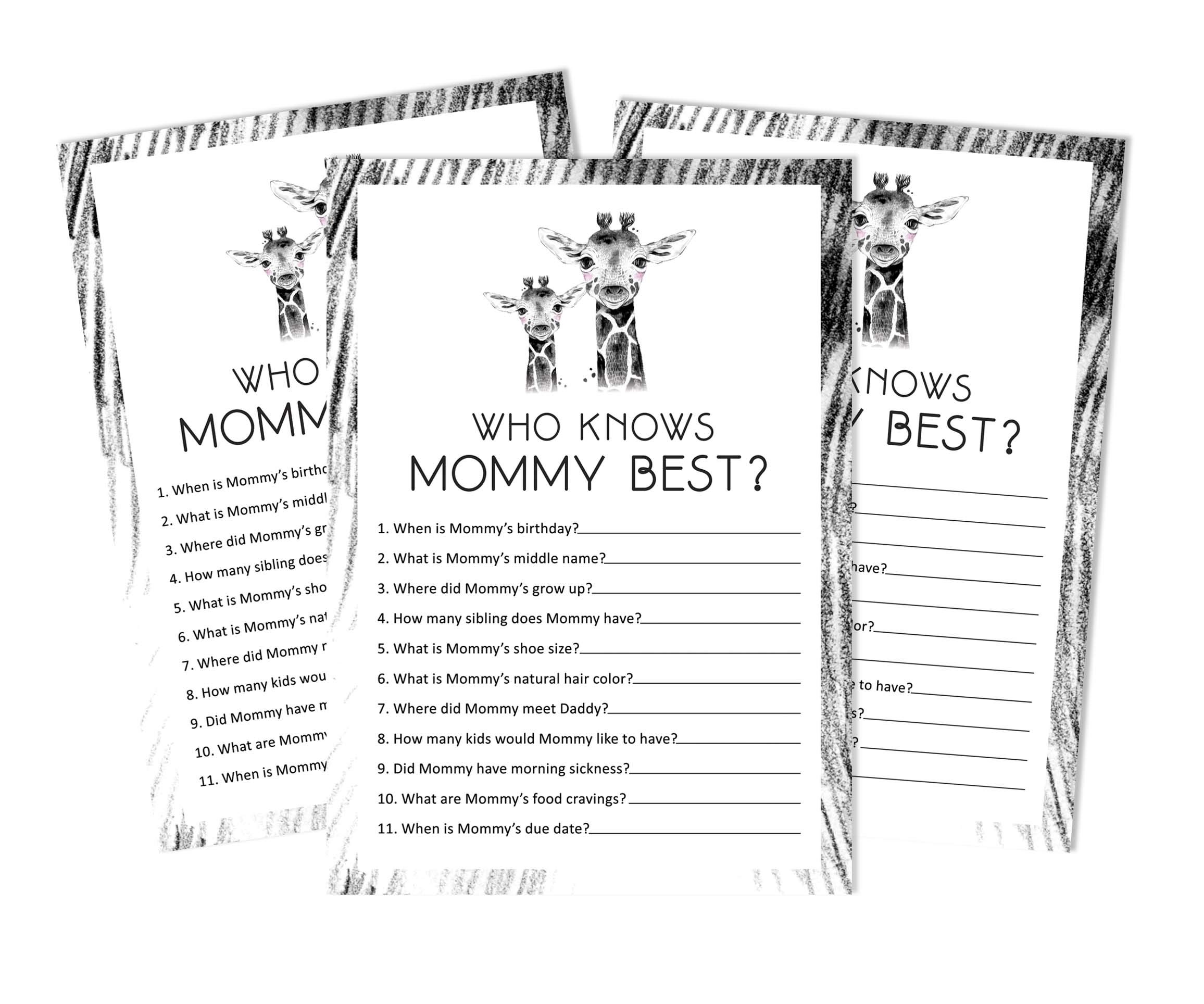 Inkdotpot Giraffe Jungle Animals Who Knows Mommy Best Baby Shower Game Cards Fun Activity Cards Set Of 50 Party Theme