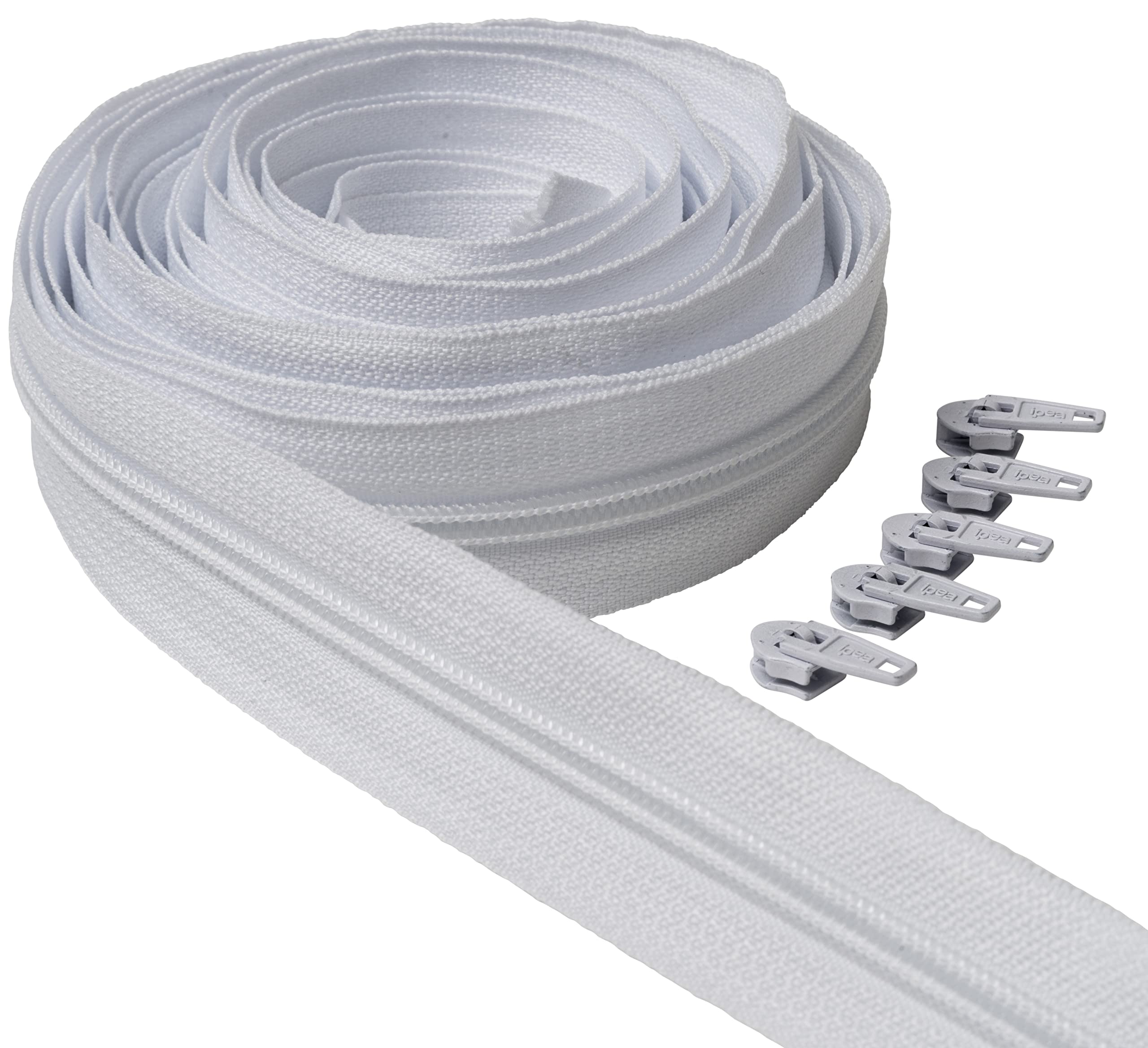 IPEA White Continuous Zip 5 Metres Long + 15 Metal Sliders, Chain Size 5, Made in Italy, Nylon Zips, Zip, Cuttable for Sewing by the Metre, Width 30 mm, White