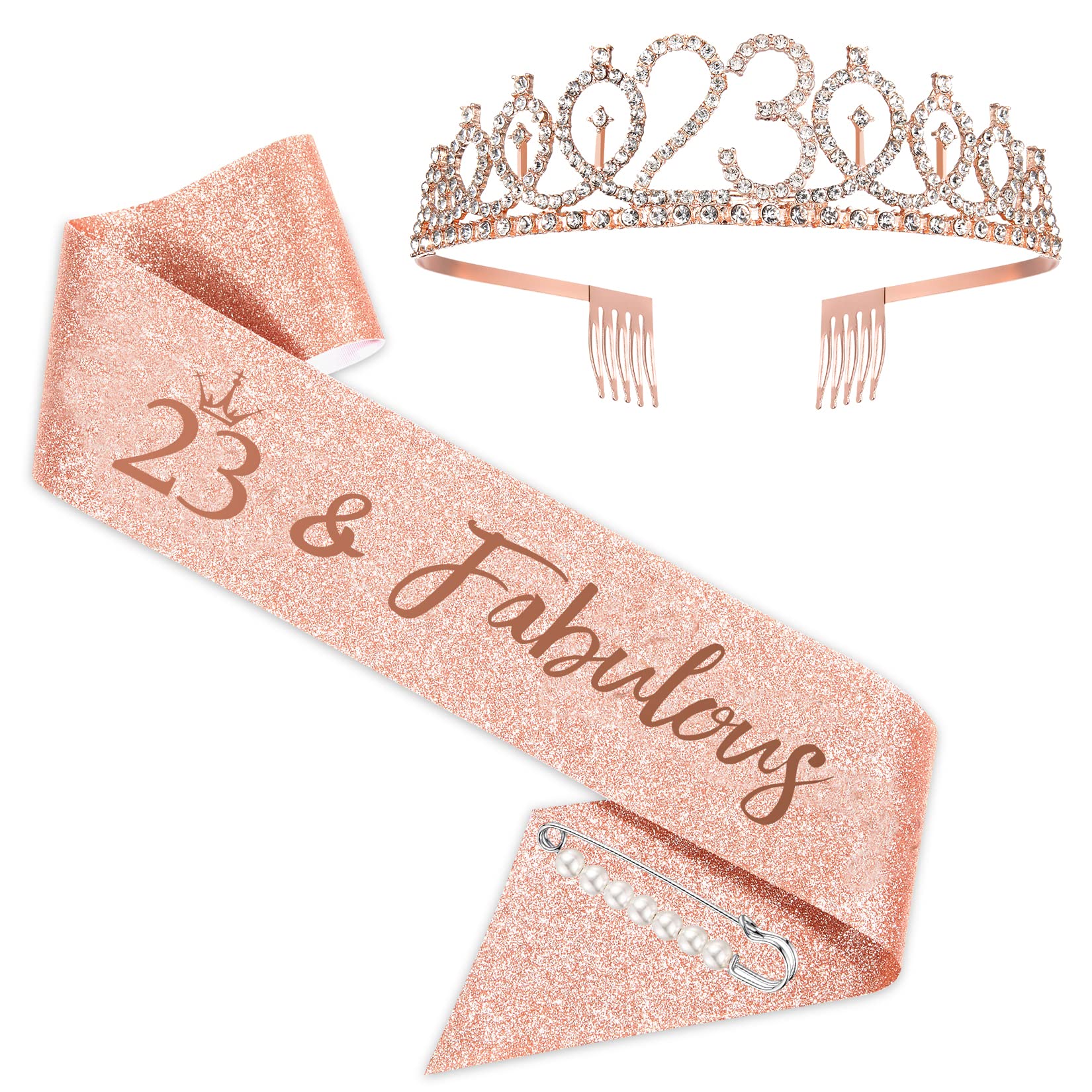 SZHUIHER 23th Birthday Sash and Tiara for Girls, Rose Gold Birthday Sash Crown 23 & Fabulous Sash and Tiara for Girls, 23th Birthday Gifts for Happy 23th Birthday Party Favor Supplies