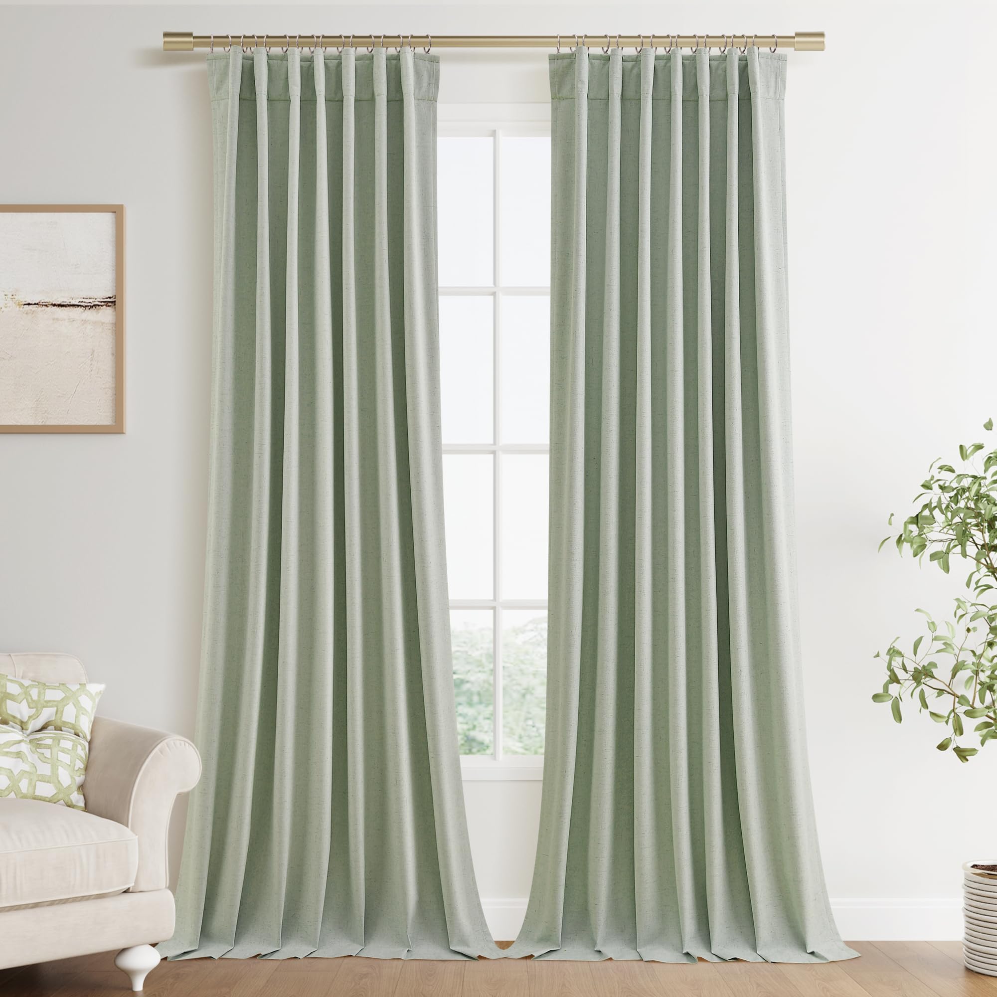 Joywell 100% Blackout Linen Curtains 108 Inches Long for Bedroom Large Window Black Out Curtain 2 Panels Set Room Darkening Drapes for Living Room Office Back Tab Hook Belt,52 x 108,Mist Sage