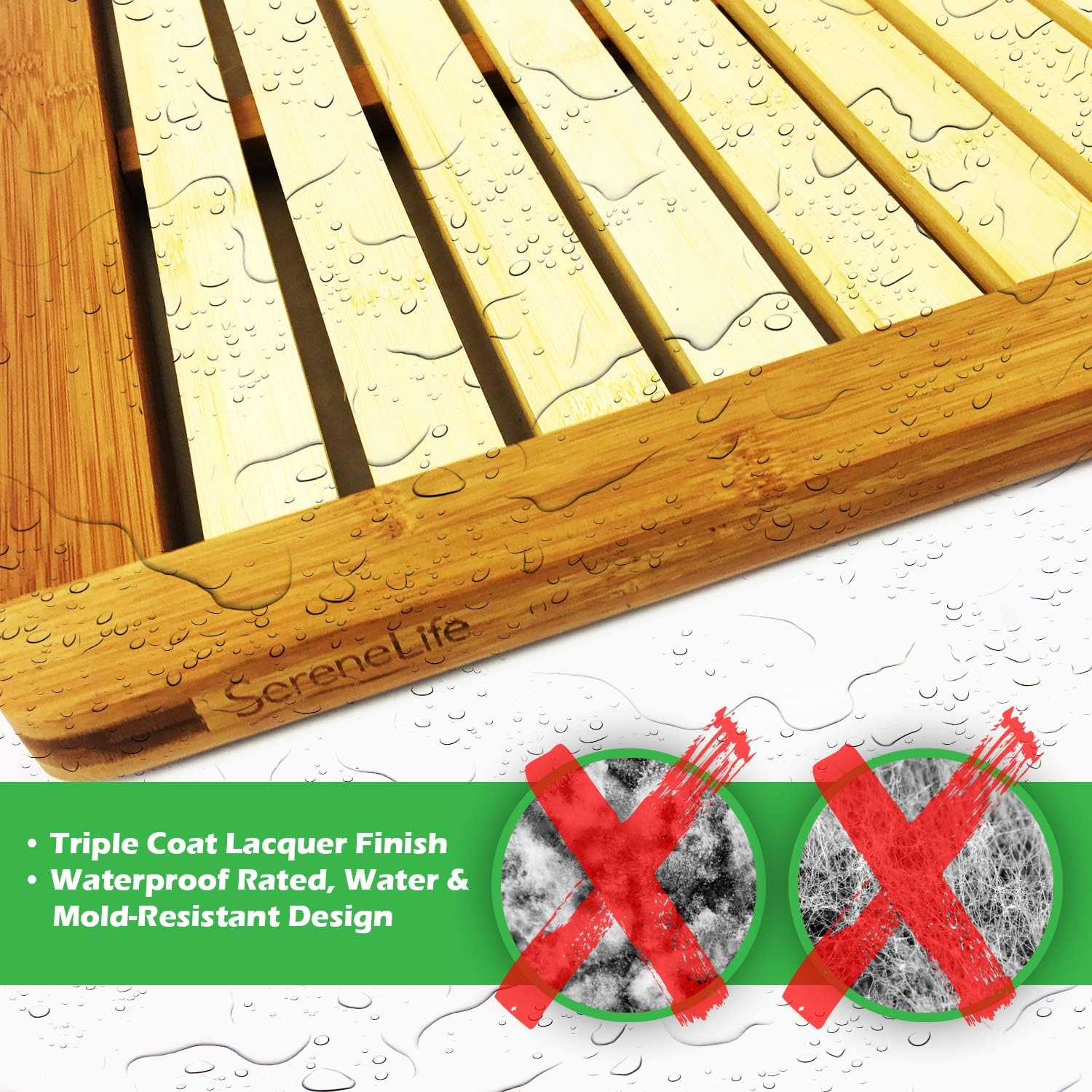 SereneLife Bamboo Wood Bathroom Bath Mat-Heavy Duty Natural or Shower Floor Foot Platform Rug with Elevated Design for Water Evaporation and Non Slip Rubber Feet for Indoor Outdoor Use: Home & Kitchen