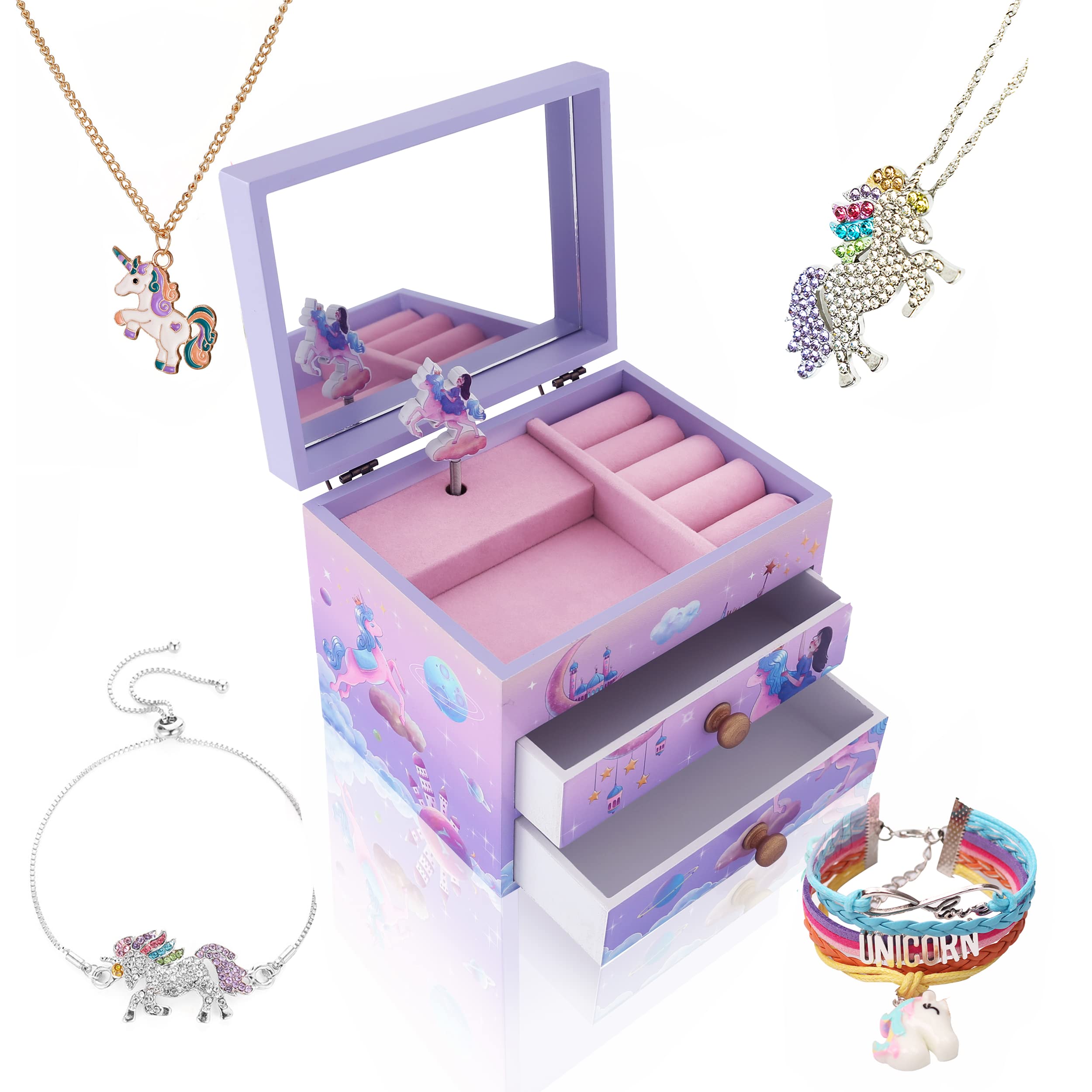ZOOWING Girls Musical Jewelry Box Toys Gifts with Full Size Mirror and Unicorn Jewelry Set (A-Unicorn9)