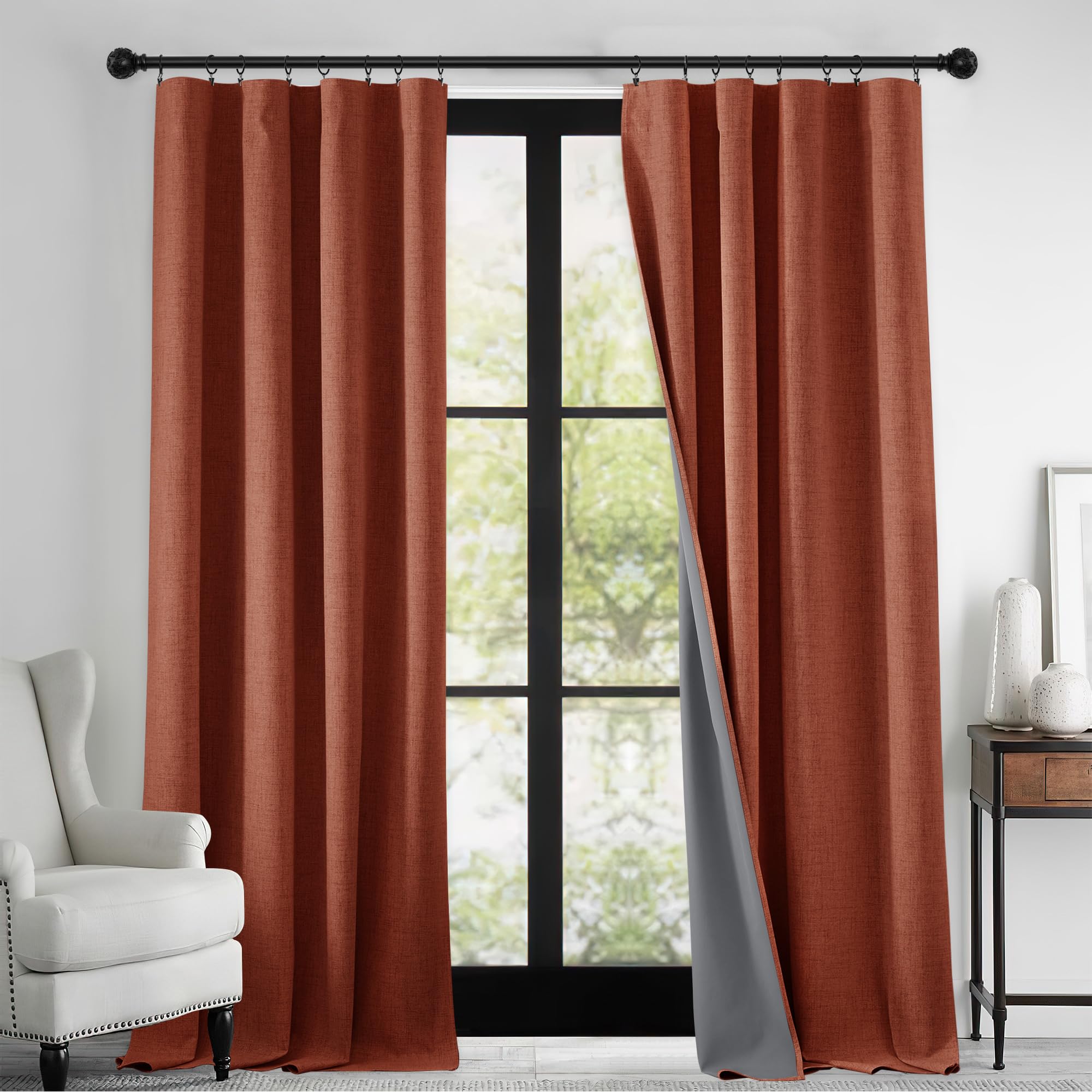 Photo 1 of RYB HOME 100% Blackout Linen Textured Curtains 96 inches Long, Insulating Privacy Energy Saving for Bedroom Living Room Window Office Theater Dining Nursery, W 52 x L 96 in, Terracotta, 2 Panels