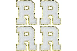 Jongdari Letter Patches Varsity Chenille Iron on Letters Patchs for Clothing, 4pcs English Letter R with Gold Glitters Border, Alphabet Sewing Appliques (White R)