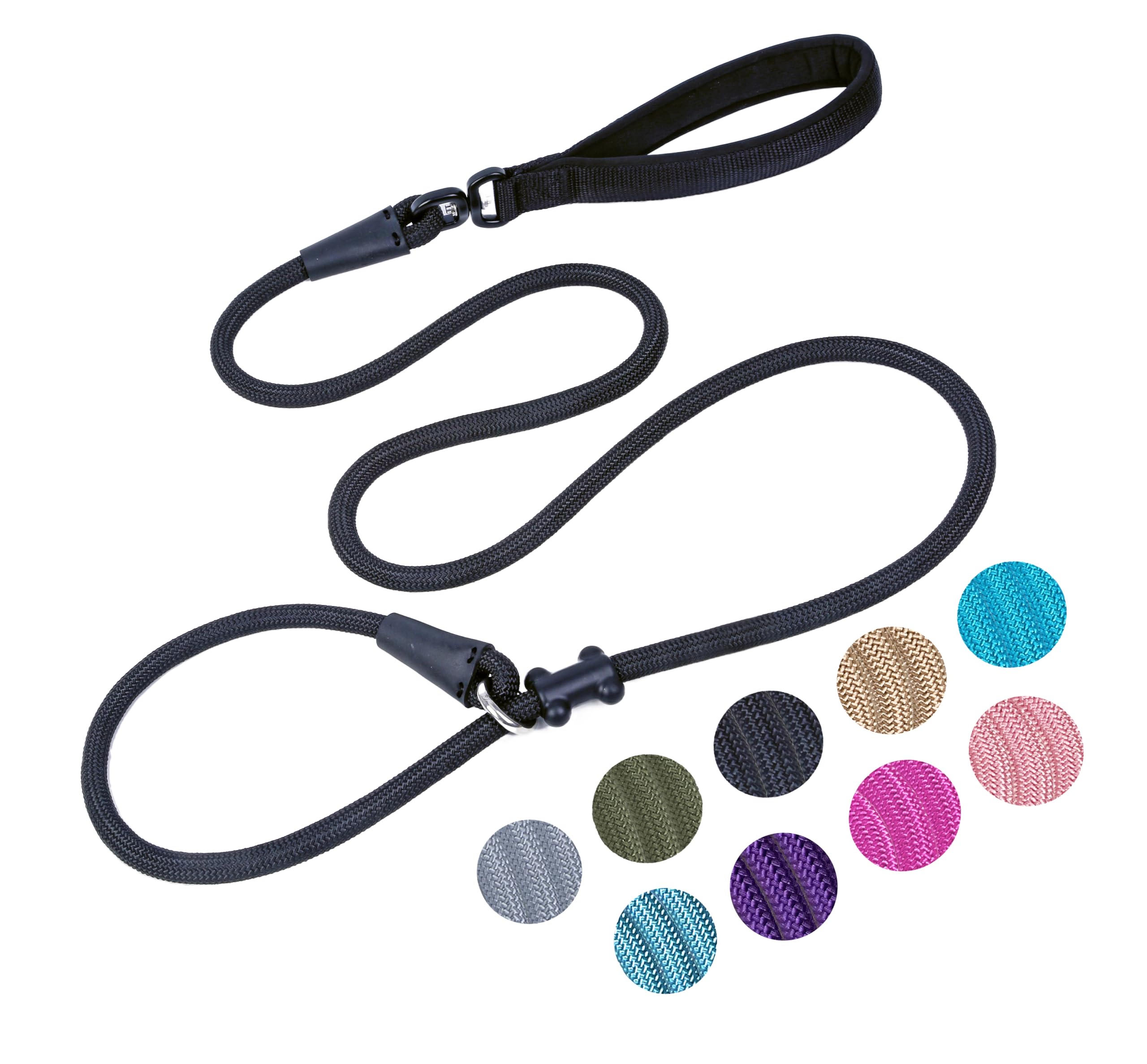 Slip Lead Dog Leash Strong Nylon Rope Leash with Comfortable Handles and Walking Training Lead for Small Medium Large Dogs (Black, 1/2"×6ft)