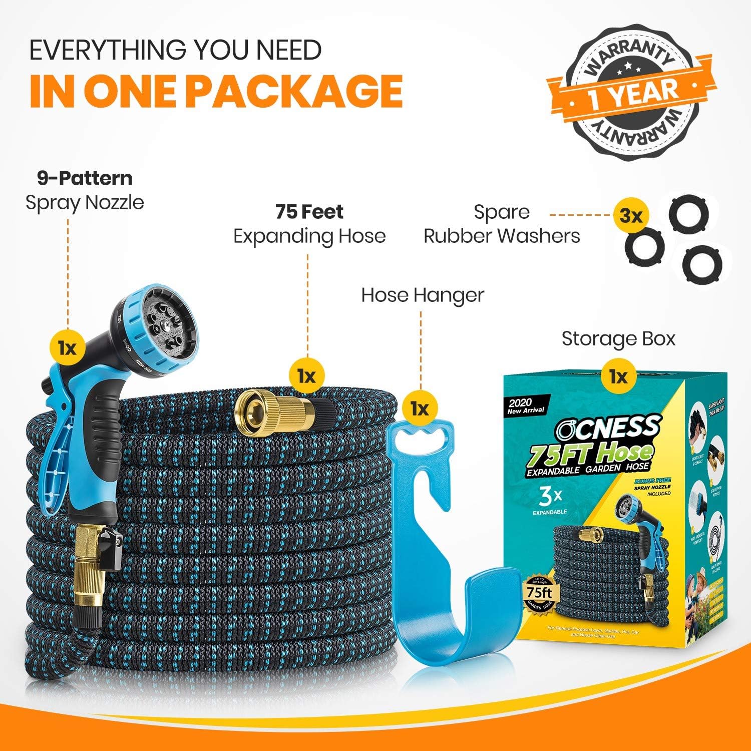 OCNESS Expandable Garden Hose, 75ft Lightweight Flexible Water Hose with 9 Function Spray Nozzle, 3/4" Solid Brass Fittings, Double Latex Core, Durable Fabric, Expanding Hose for Lawn Car Pet Washing : Garden & Outdoor