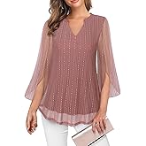 VALOLIA Women's 3/4 Sleeve Floral Tunic Tops V Neck Double Layers Loose Fit Mesh Blouses Shirt