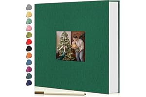 EJBLFE Large Photo Album Self Adhesive for 4x6 5x7 8x10 Photos with Window Linen Cover DIY Scrapbook, 40 Pages with Metal Pen and Plastic Plate, Perfect for Storing Memories (Dark Green)