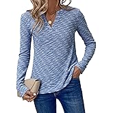 DERAX Long Sleeve Waffle Knit Tops for Women Henley V Neck Dressy Casual Shirts Blouses Baby Blue M
