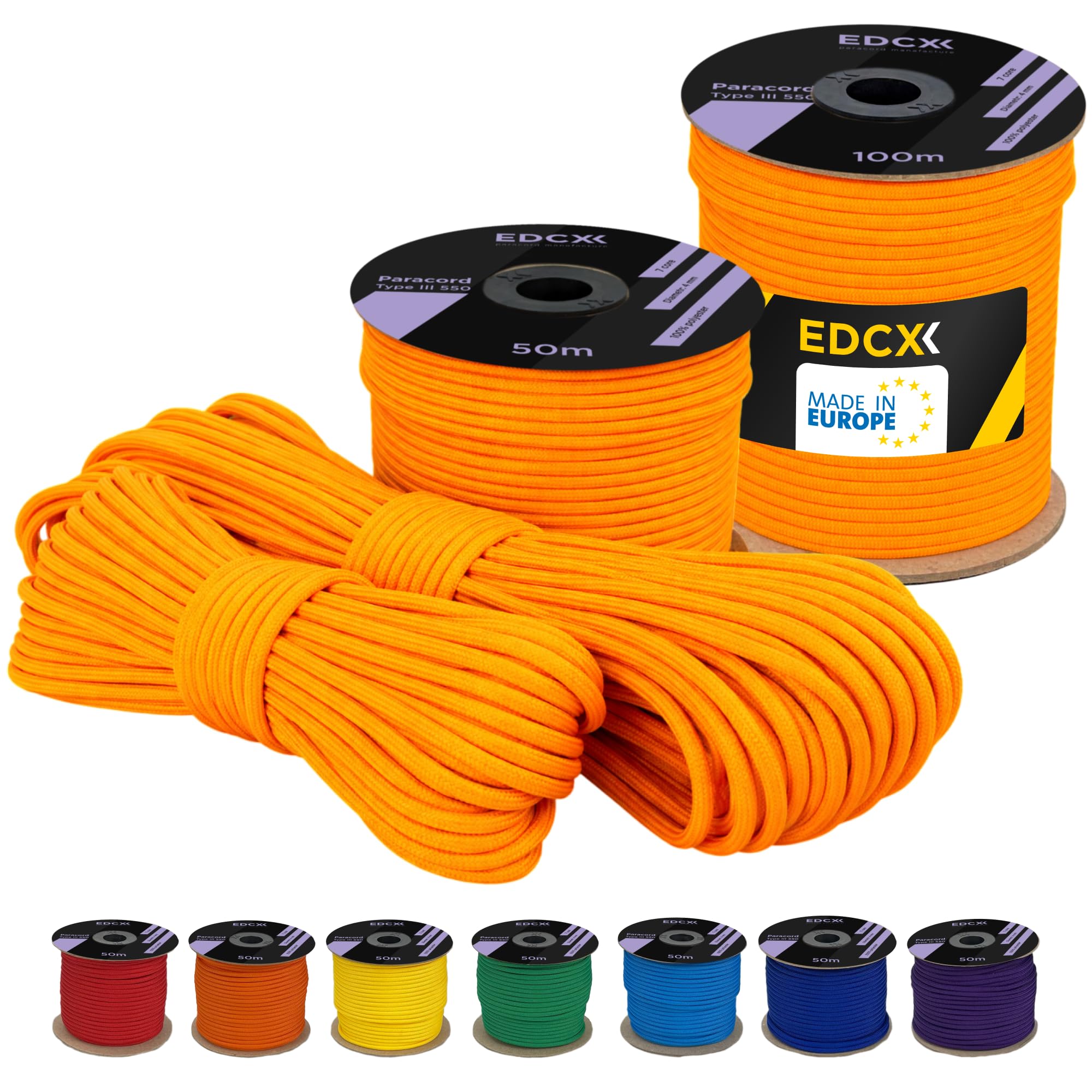 EDCX 4 mm Polyester Paracord 550 (15, 30 and 50 m) – 4 mm Type III, Tear-Resistant Parachute Cord for Survival Made of 100% Polyester with 7 Wires | Solid Colours (Sofit Orange, 15 m)
