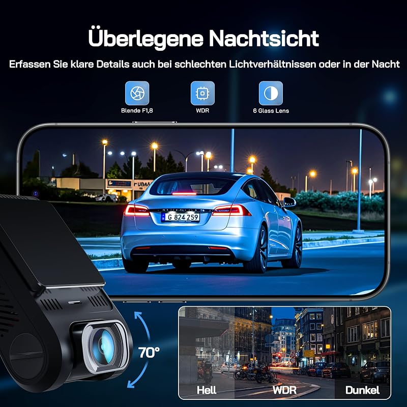 Dashcam, Mini 2.5K Wi-Fi Dash Cam, 2" IPS-Versteckte Dash Cam Auto