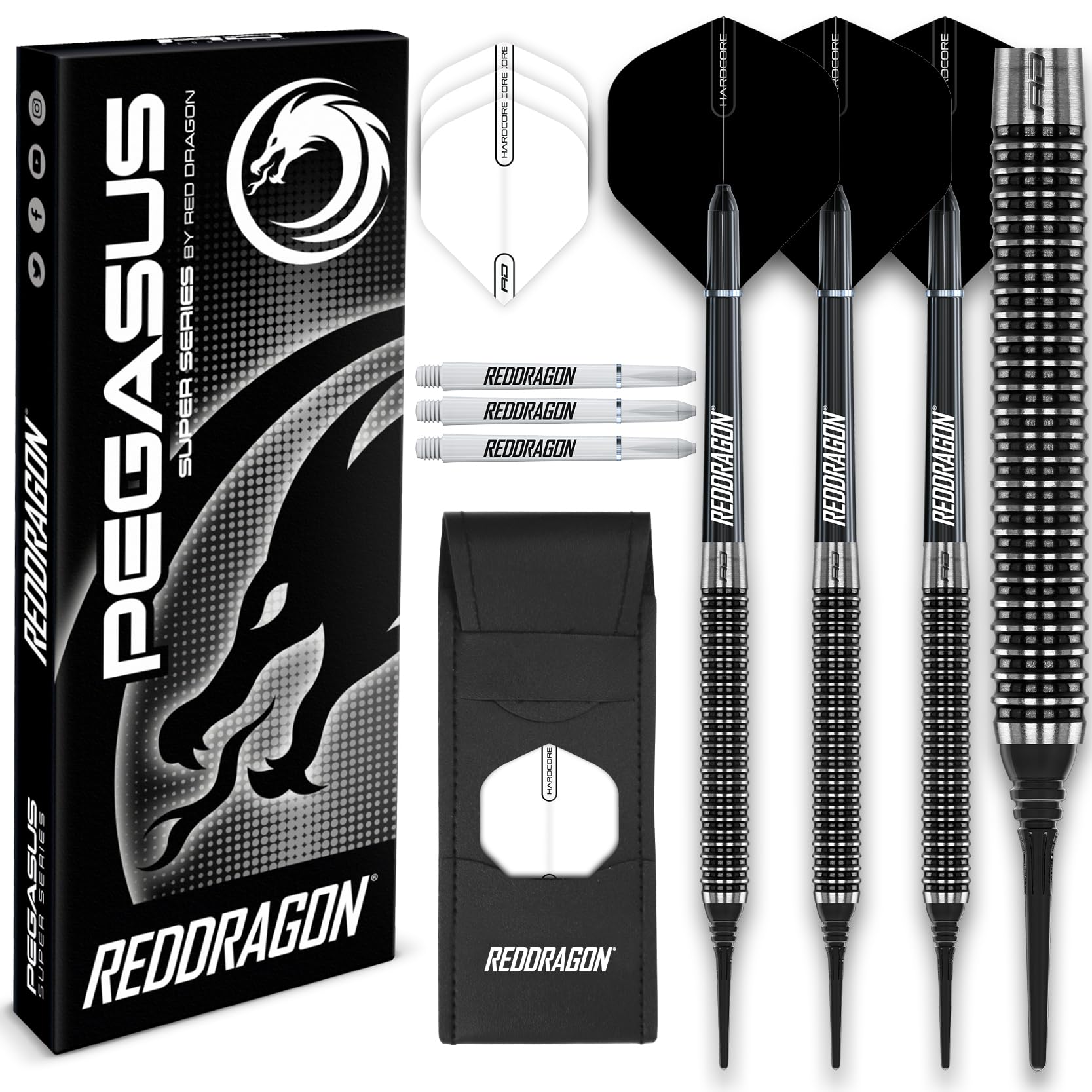 RED DRAGON Pegasus Soft Tip Darts Set - 18 gram - Black Stems and Black Flights