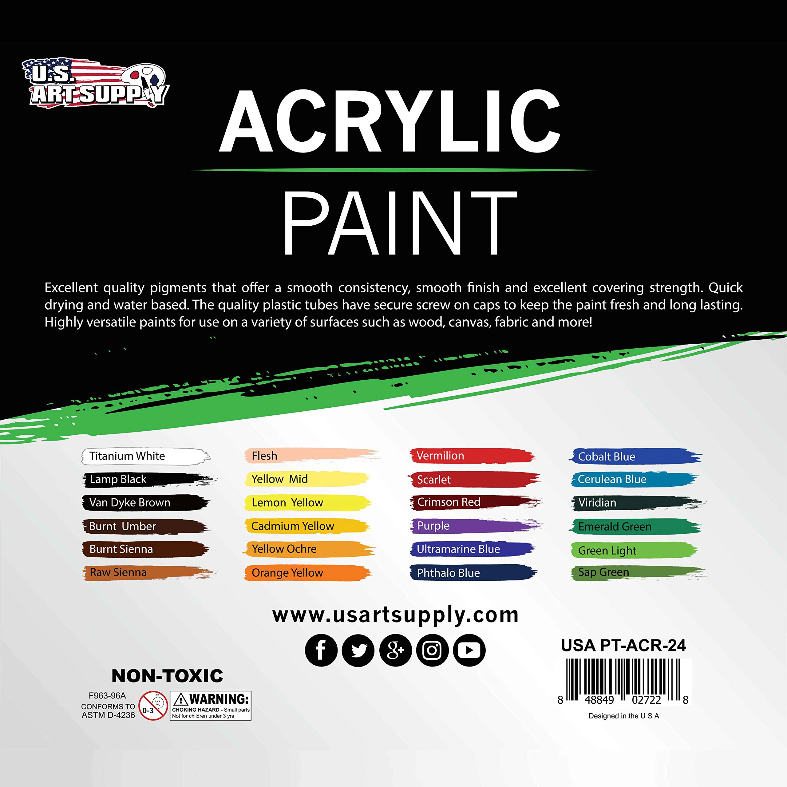 Professional 24 Color Set of Acrylic Paint in 12ml Tubes - Rich Vivid Colors for Artists, Students, Beginners - Canvas Portrait Paintings - Color Mixing Wheel