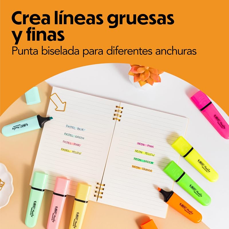 Marking Flat Highlighter Pastel/Neon Subrayadores de Punta Biselada - Colores Surtidos, Caja de 16