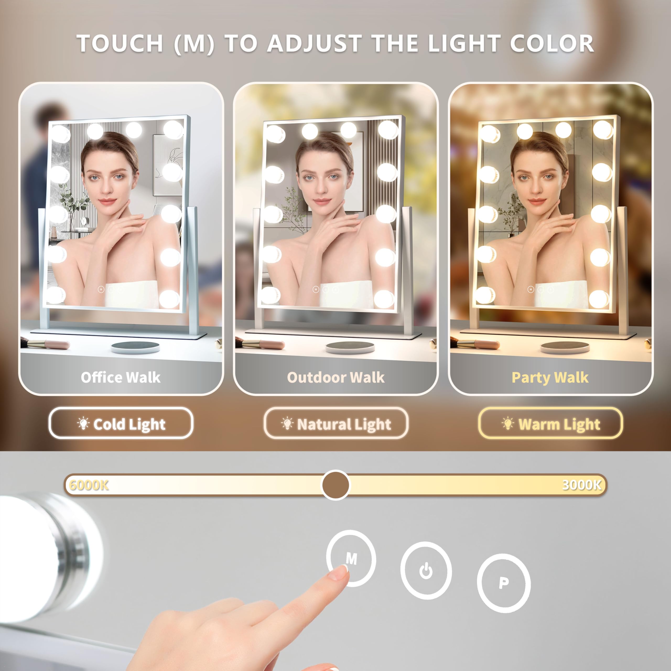 Vanity Makeup Mirror with Lights,3 Color Lighting Modes Detachable 10X Magnification Mirror Touch Control,360°Rotation, White (14.6Inch)