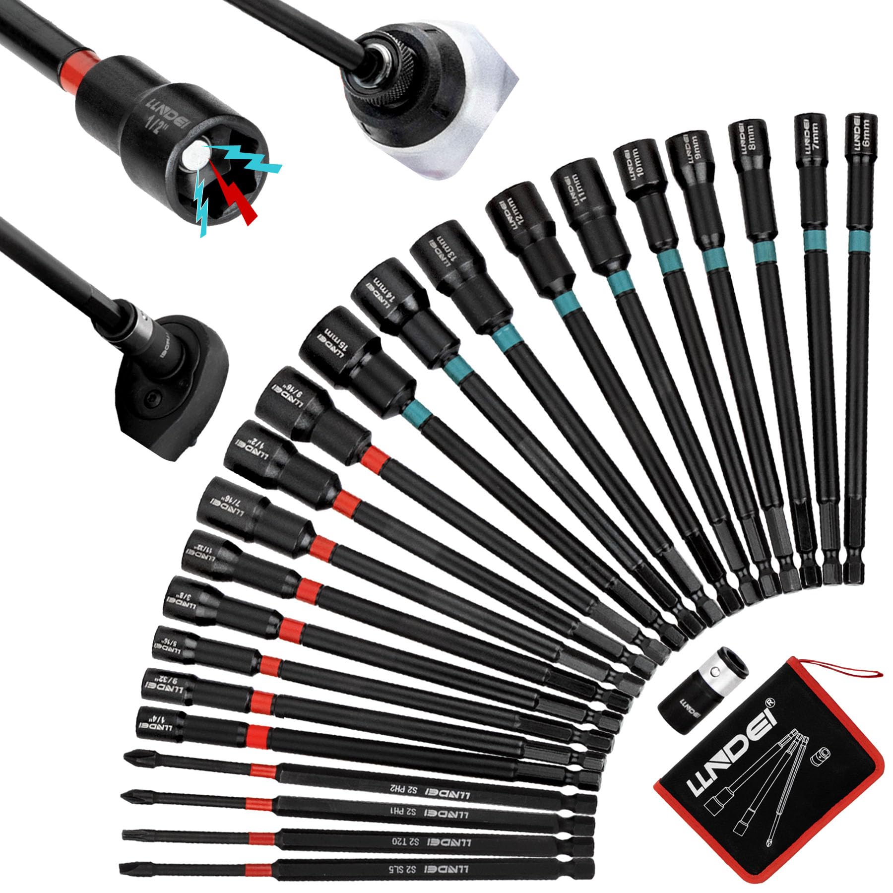 LLNDEI 23PCS Magnetic Nut Driver Set, SAE|1/4"-9/16"| and Metric|6-15mm| Impact Driver Bit Set for Drill, Extra Long Design with Bit Holder, 1/4" Hex Shank, for Auto Maintenance&Furniture Assembly