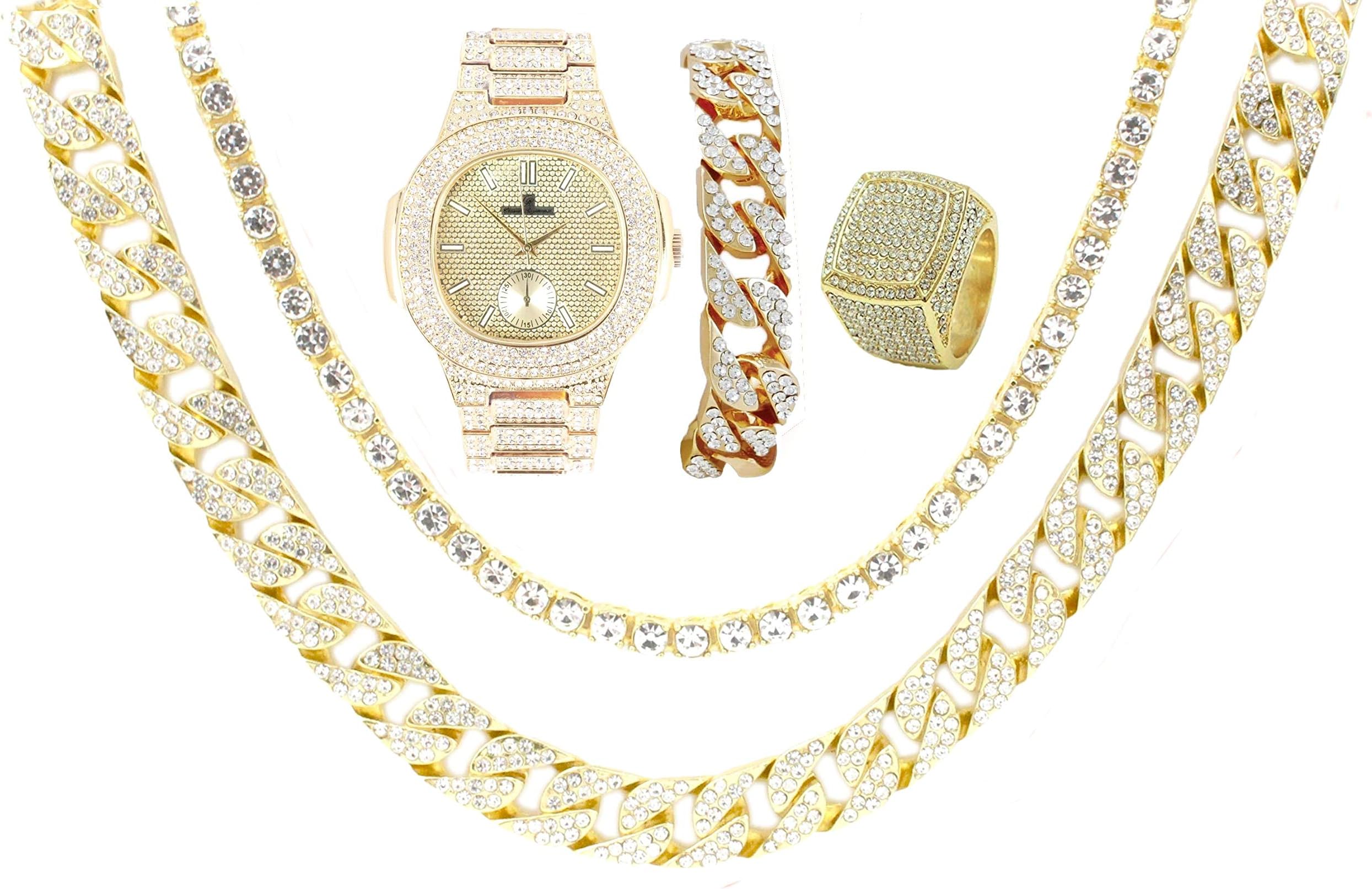 Charles RaymondBling-ed Out Oblong Case Metal Mens Watch w/Matching Cuban Chain Bracelet, Cuban Necklace, Tennis Chain & Ring Size - 8475CRNTG