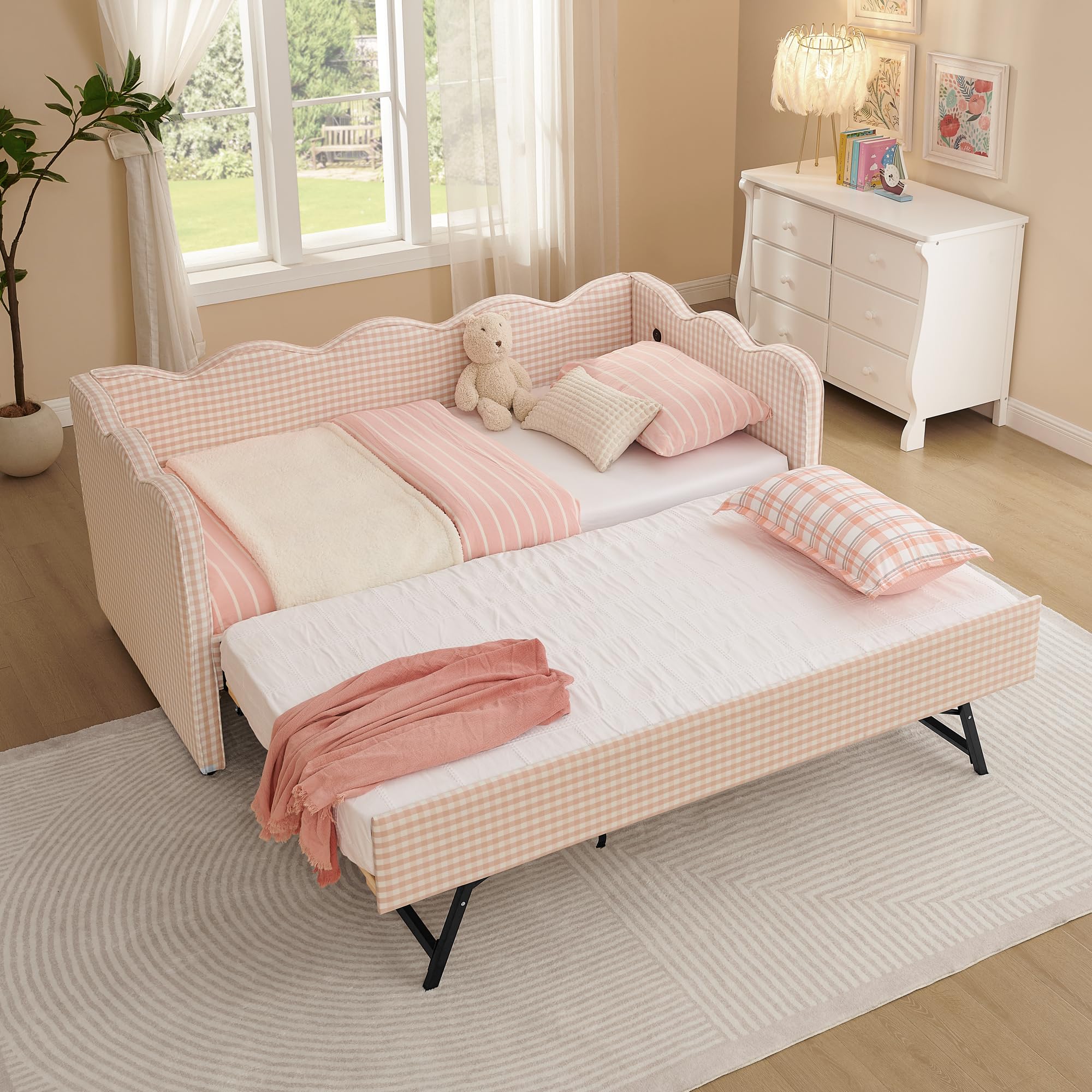 View 1 of ***PARTIAL SET BOX B***
ONLYKEIKI Twin Size Upholstery Daybed with Trundle and USB, Twin to King Design Adorable Wave Shaped Extendable Linen Sofa Bed, Easy Assembly, No Box Spring Required, for Living Room and Bedroom, Pink