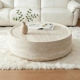 39 inch Round Coffee Table Marble Faux Pattern for Living Room Small Modern Stone Low Coffee Tables Drum Center Apartment No Assembly Required