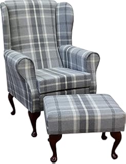 Matching Small Foot Stool In Tatton Fabric High Back Wing Armchair Chair