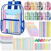 192Pcs Clear Backpacks Bulk with School Supplies12 Set PVC Transparent bags | Rulers Sharpeners Ballpoint Pens Erasers Pencils Zipper Pouch File Pockets Set, for Donation Back to School Students