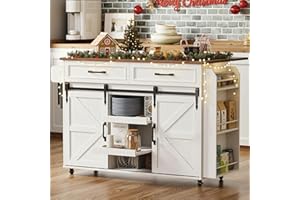 IRONCK Kitchen Island with Storage, Rolling Kitchen Island Cart with Drop Leaf Countertop and Pull-Out Shelf, Barn Doors, for Dining Room, Home Bar, White