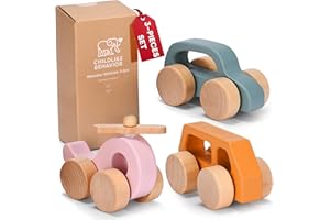 CHILDLIKE BEHAVIOR Wooden Cars for Toddlers 1-3 - Wood Push Truck Vehicle - Montessori Car Toys - Wooden Rattle Teething Toys - Colorful Wood Cars for Kids, Boys, & Girls (Set of 3)