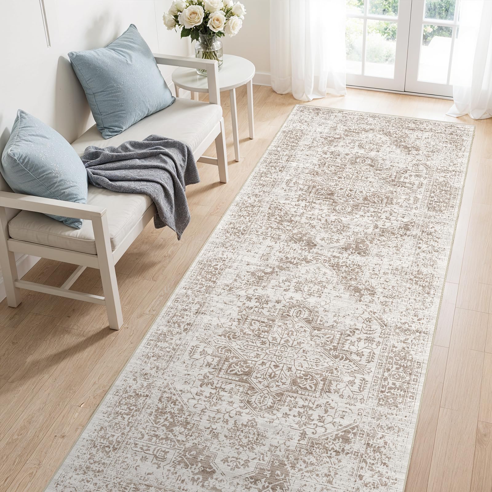 Photo 1 of 3x8 Hallway Washable Runner Rug: Machine Washable Kitchen Laundry Runner Vintage Non Slip Low-Pile Entryway Living Room Floor Mat Stain Resistance Indoor Floor Carpet for Entrance Living Room?Bridge