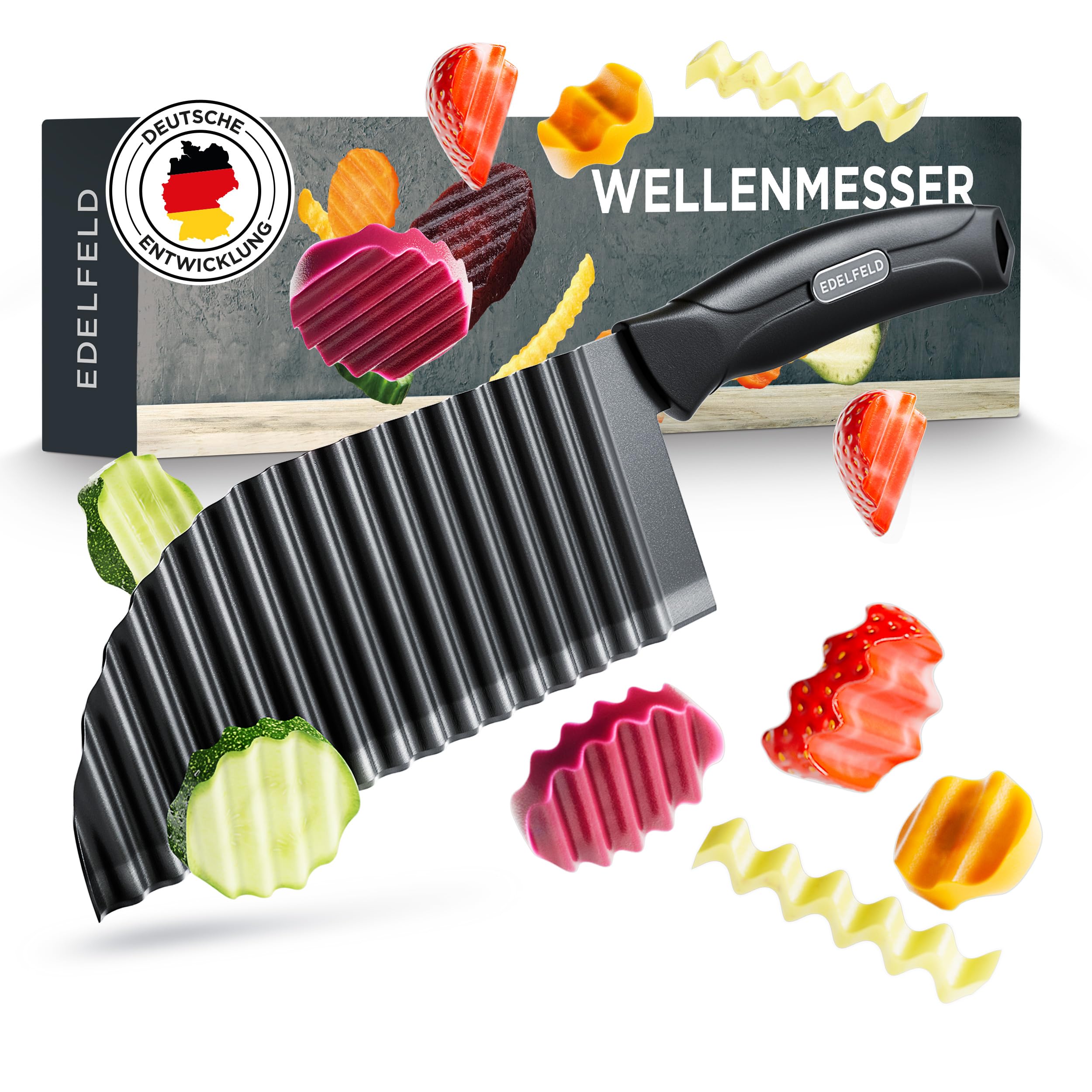 EDELFELD Wellenschneider für Pommes, Obst & Gemüse - Spülmaschinengeeignetes Wellenmesser mit Titanklinge - Riffelmesser für Erwachsene & Kinder - BLW Wellenschnittmesser aus Edelstahl