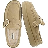 CUSHIONAIRE Origin Genuine Suede Mule Clogs for Women, Cozy Slip-On Moc Toe Loafer with Buckle and Faux Fur Cushioned Footbed