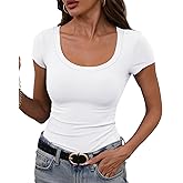 GEMBERA Womens' Stretchy Scoop Neck Short Sleeve Shirts Fitted Casual Basic Top T-Shirts