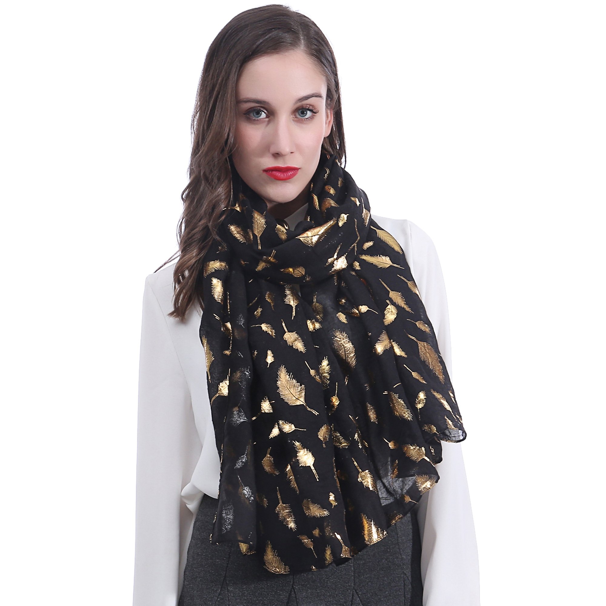 Lina & Lily Metallic Gold Silver Foil Feather Women's Scarf Shawl Wrap Lightweight (Black-Gold)