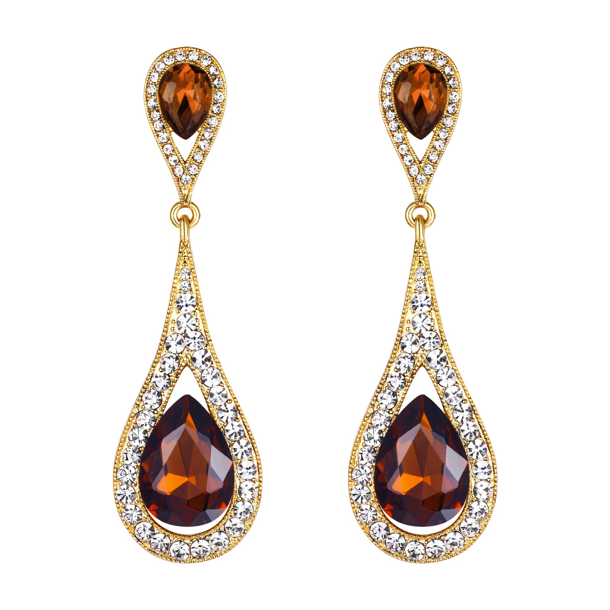 EVER FAITH Dark Brown Crystal Teardrop Dangle Earrings for Women Girls, Sparkly Rhinestone Vintgae Statement Drop Pierced Earring Wedding Prom Birthday Party Jewellery for Brides Bridal Gold-Tone