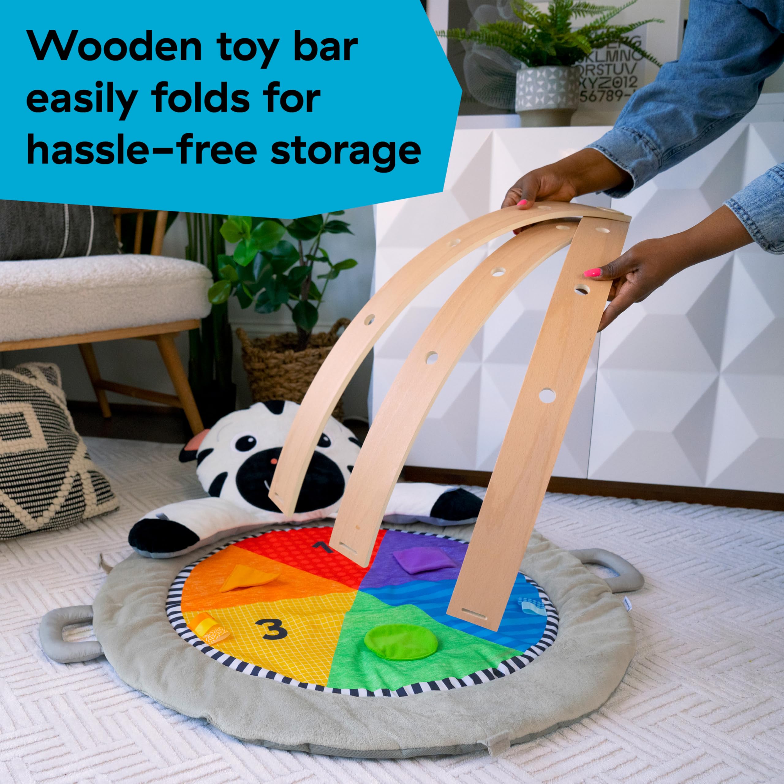 Baby Einstein Zen's Activity Milestones Plush Gym with Wooden Bar, for Infant to Toddler, 0-12 Months, Machine Washable