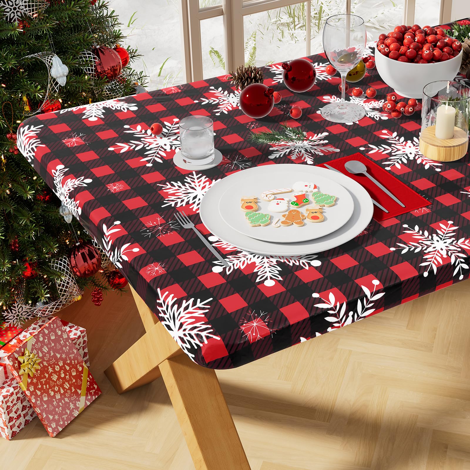 Photo 1 of misaya Rectangle Vinyl Tablecloth, Fitted Table Cover, Waterproof, Elastic Edge, Flannel Backing, Plastic Table Cloth Fit 6 Foot Folding Tables for Christmas Dinner (Buffalo Snowflakes, 30x72 inch)