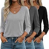 Huukeay 3 Pack Women's 3/4 Sleeve T-Shirts, V Neck Casual Tops Loose Fit Tunic Basic Tees 3/4 Length Sleeve Soft Blouses