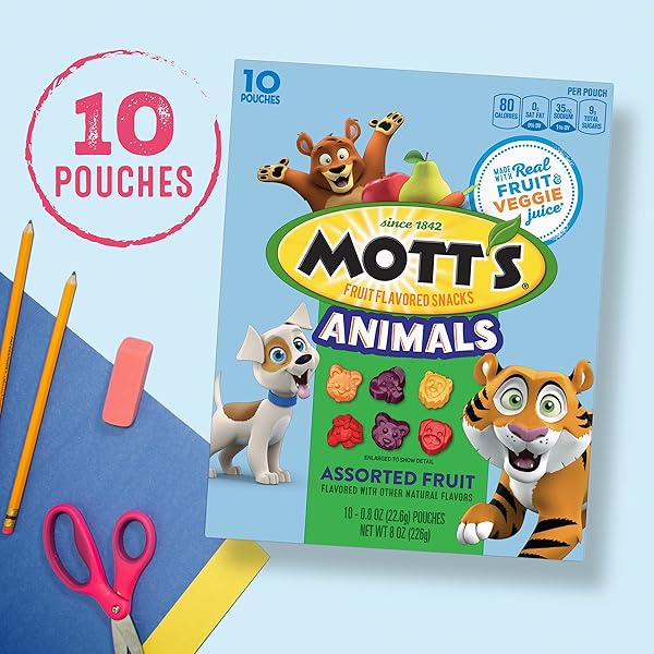 MOTT’S FRUIT FLAVORED SNACKS, ANIMALS ASSORTED FRUIT, GLUTEN FREE SNACK, 10 CT, 8 OZ