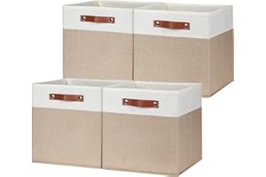 HNZIGE Fabric Baskets for Organizing 13x13 Storage Cubes, Set of 4 Fabric Foldable Canvas Storage Bins for Shelves, Cloth Storage Bins for Cube Organizers Toy Nursery Closet Bedroom?Beige&White?