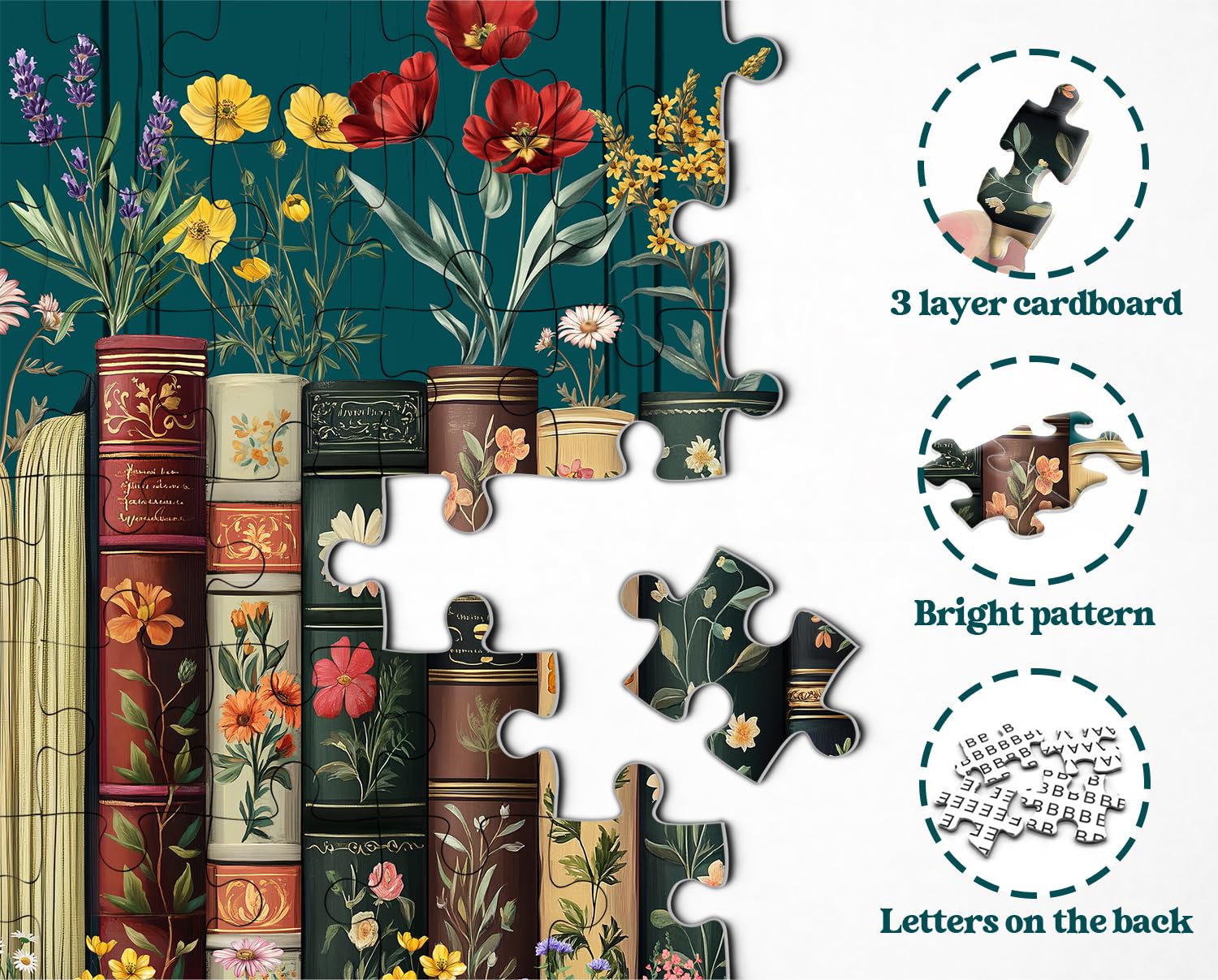 Vintage Wildflower Book Puzzles for Adults 1000 Pieces, Plant Floral Books Pages Jigsaw Puzzle, Retro Bookshelf Puzzles with Blossoming Wildflowers, Botanical Literary Theme Puzzle for Book Lovers