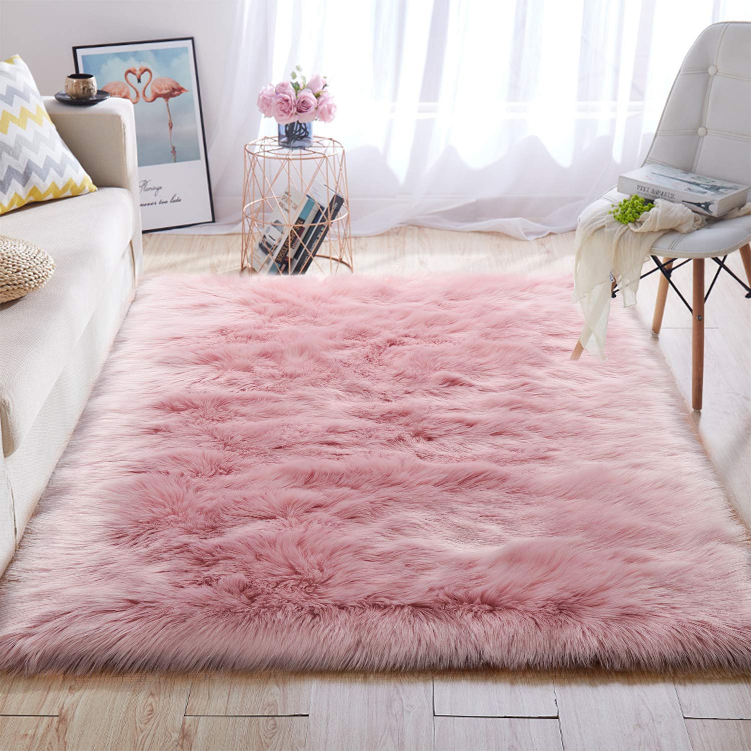 Noahas Luxury Fluffy Rugs Bedroom Furry Carpet Bedside Sheepskin Area Rugs Children Play Princess Room Decor Rug, 4ft x 6ft, Pink
