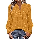 BETTE BOUTIK Women Boho Long Sleeve Shirts Dressy Casual V Neck Fall Fashion Tops Swiss Dot Flowy Blouses
