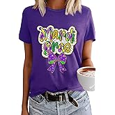 Mardi Sequin Shirt for Women Graphic Carnival Parade Short Sleeve Sparkly Festive Tee Holiday Outfit