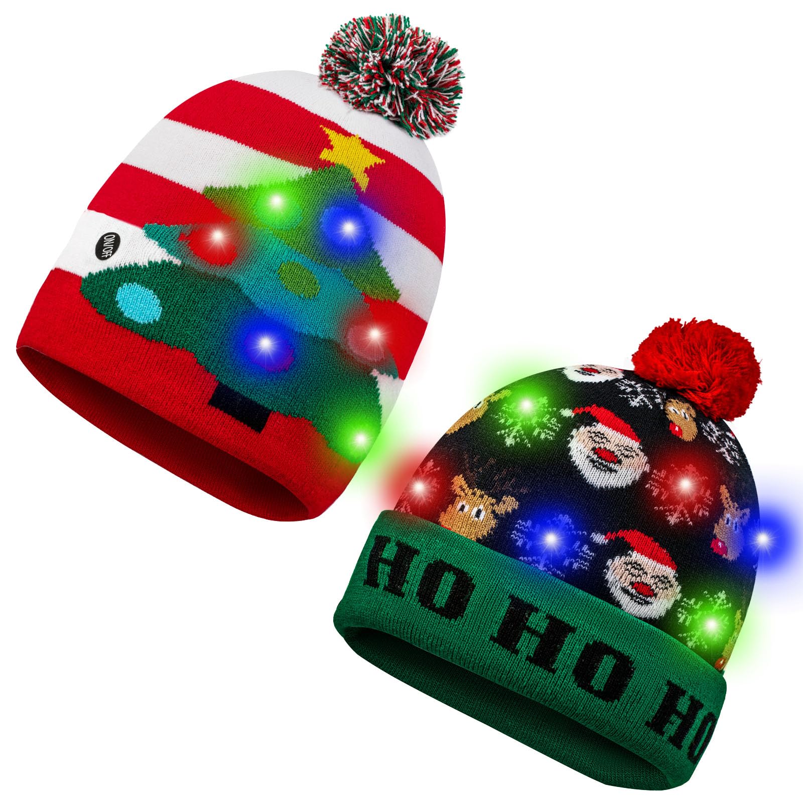 SHOKUTO 2Pcs Christmas LED Light Up Hats, Xmas Beanie Knitted Hat with 6 Colorful LED - Unisex Novelty Christmas Hat, Ugly Sweater Holiday Beanie Cap for Children and Adults