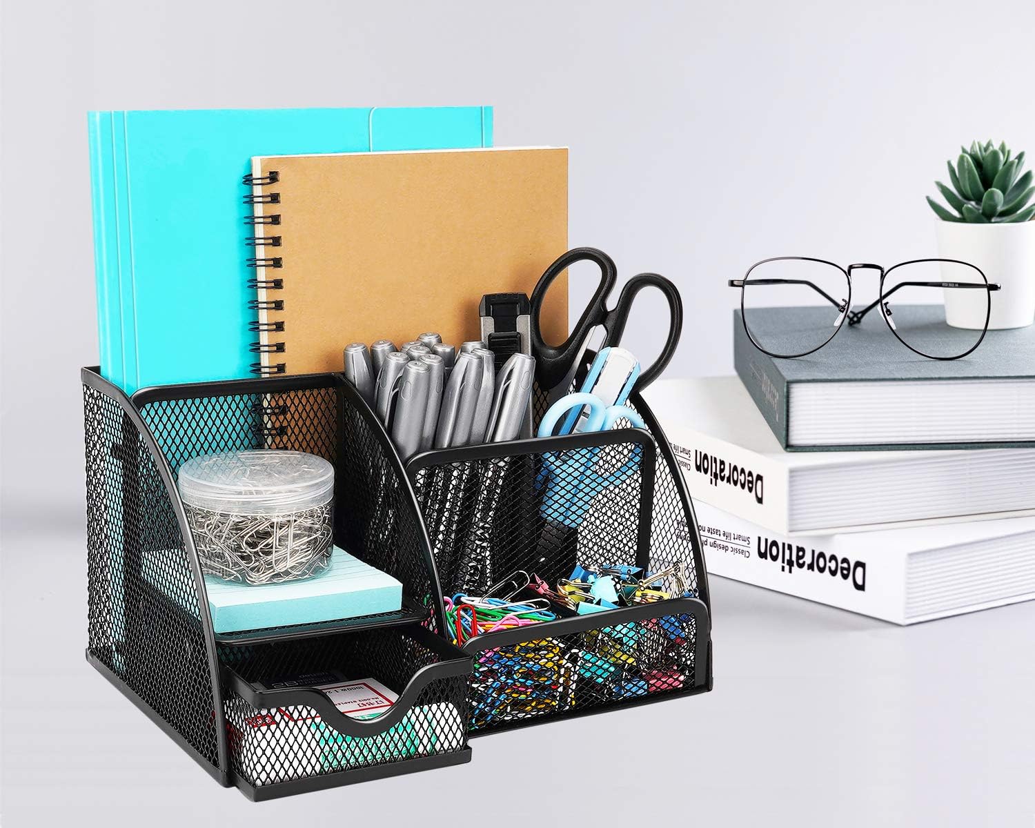 Desk Organizer, Wellerly Office Supplies Desk Organization Accessories Pen Holder Organizers Set Multi-Functional Mesh Storage Caddy with 6 Compartments + 1 Drawer for Office School Home Supply: Home Improvement